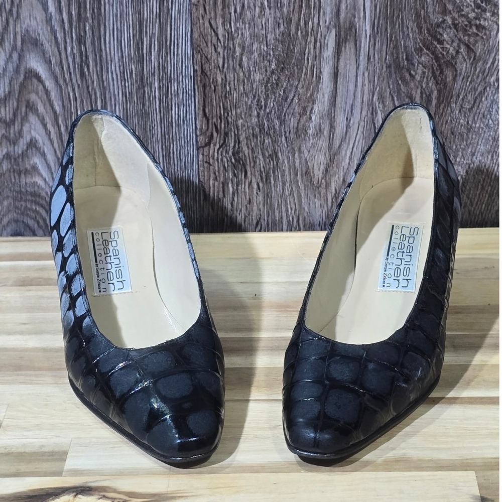 Sergio Zelcer Spanish Leather Black Embossed Pumps 6.5 N‎ Croc Pointed Toe Heels